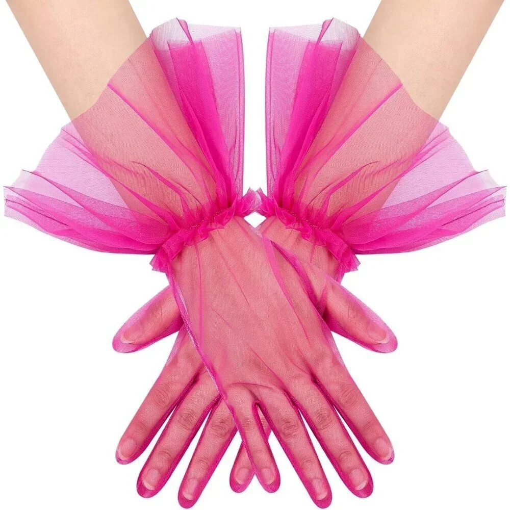 Women's Puffy Ruffle Hot Pink Tulle Sheer Mesh Party Prom One Size Short Gloves